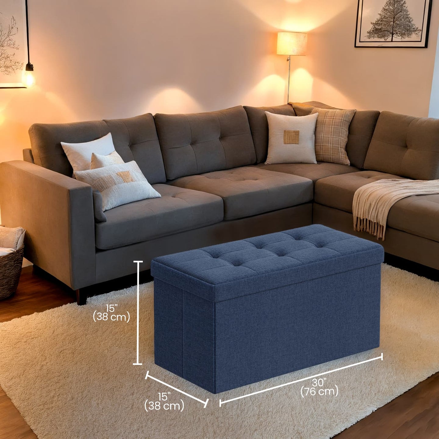 Storage Ottoman Bench - Fabric - Ink Black - Foldable with Storage