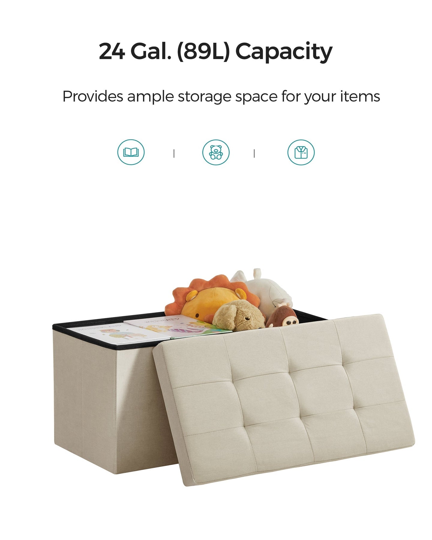 Foldable Storage Ottoman - Fabric - Cream White