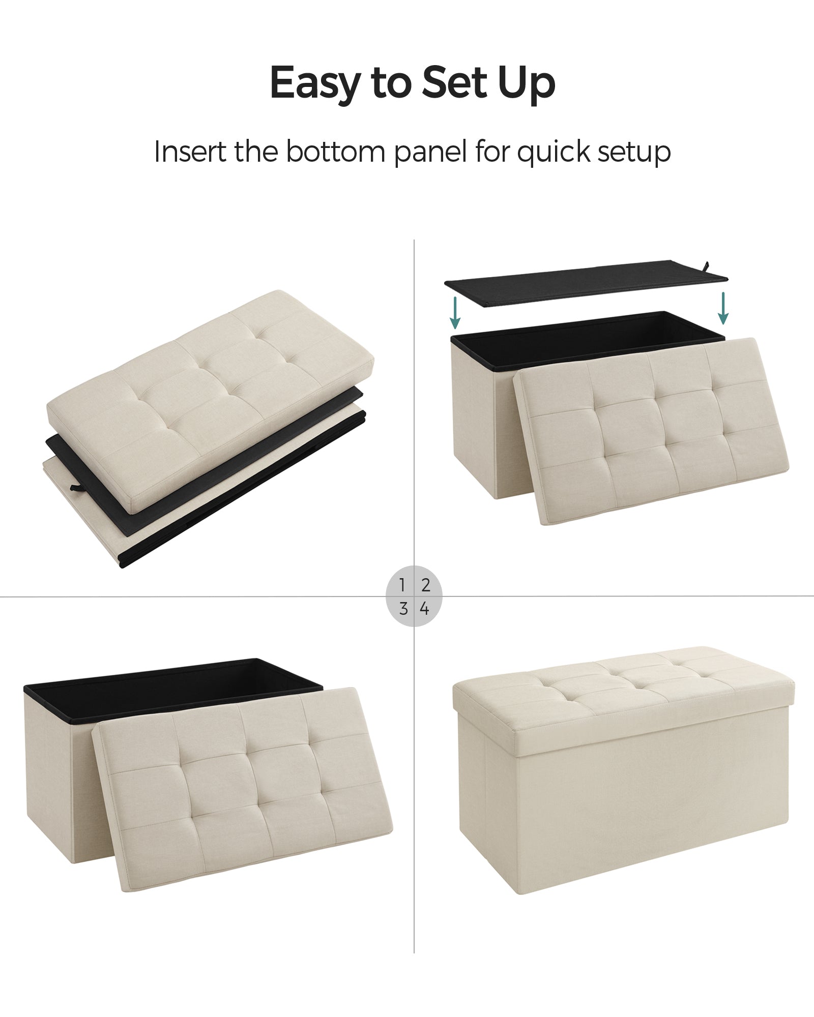Foldable Storage Ottoman - Fabric - Cream White