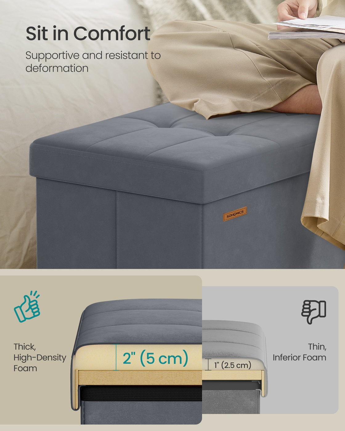 Storage Ottoman - 89L - Velvet Fabric - Foldable Design