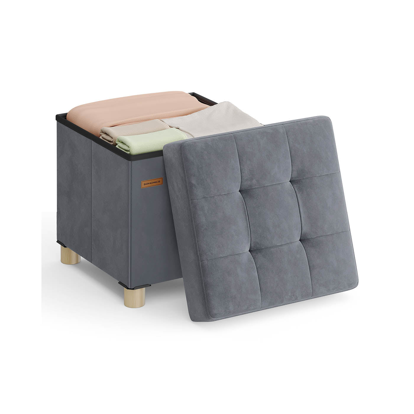 Storage Ottoman - Velvet - Slate Grey - Folding Design with Lid