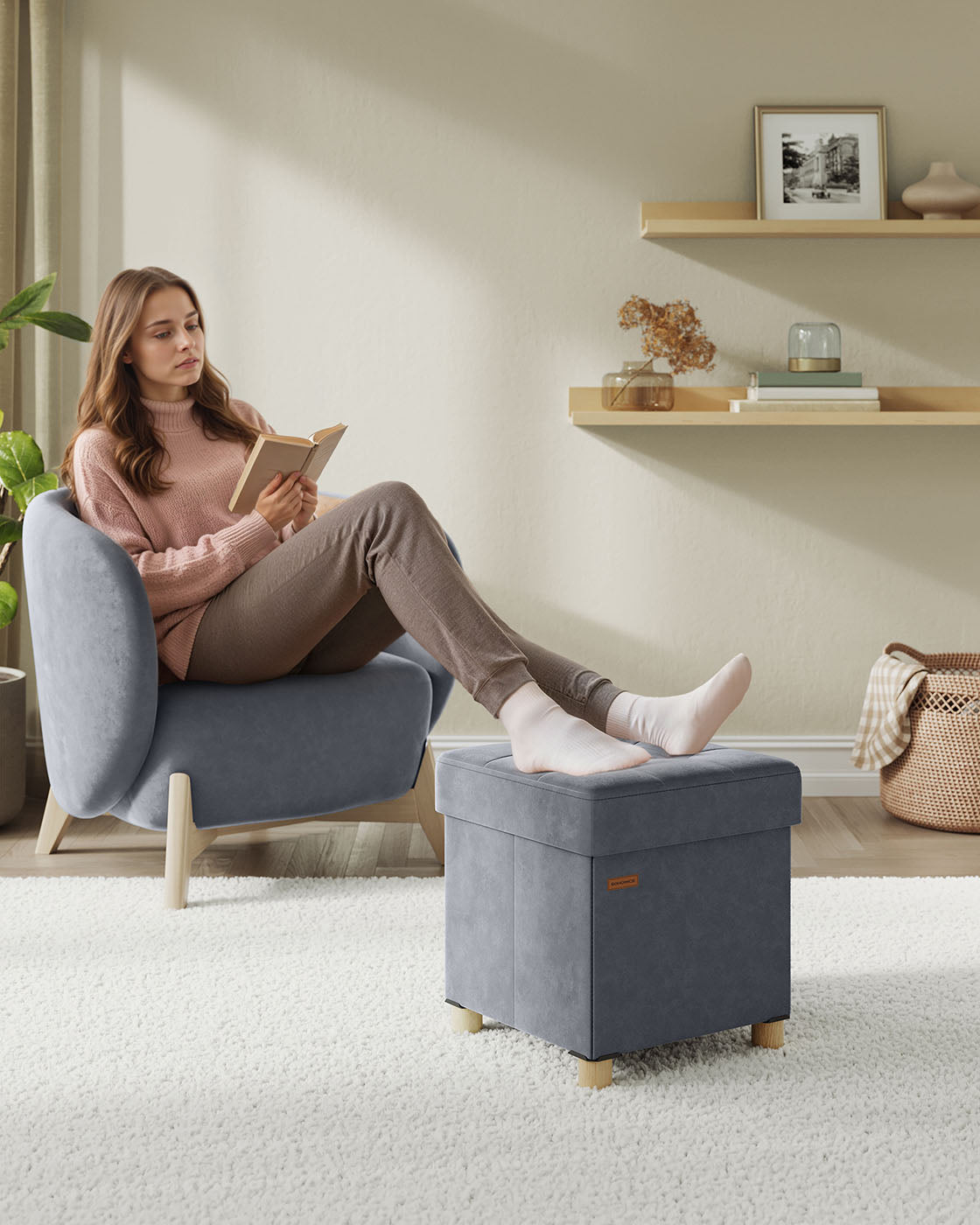Storage Ottoman - Velvet - Slate Grey - Folding Design with Lid