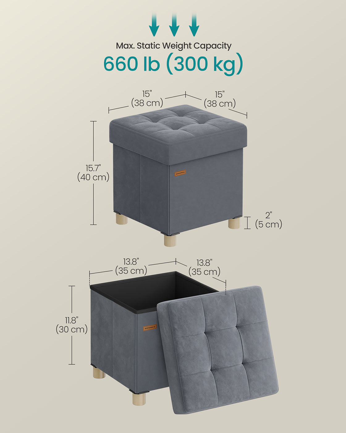 Storage Ottoman - Velvet - Slate Grey - Folding Design with Lid
