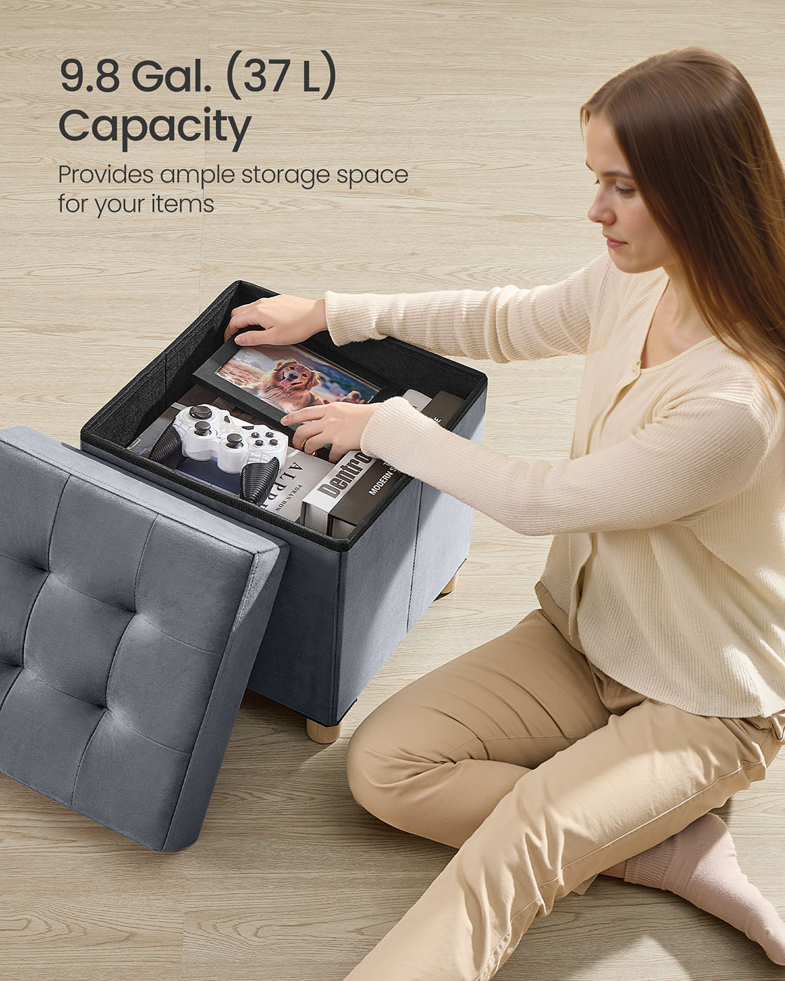 Storage Ottoman - Velvet - Slate Grey - Folding Design with Lid