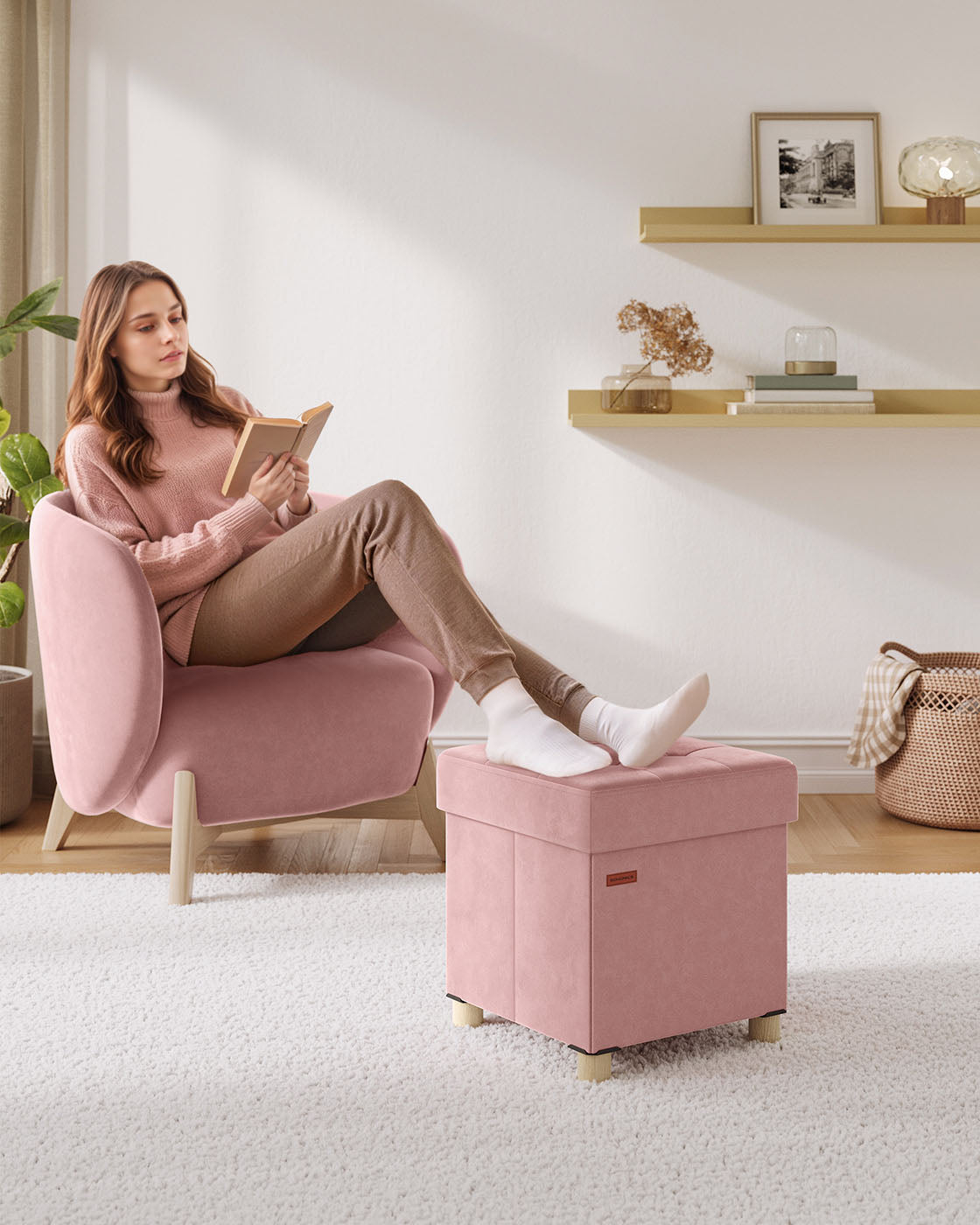 Storage Ottoman - Folding with Lid, 37 L - Velvet - Jelly Pink