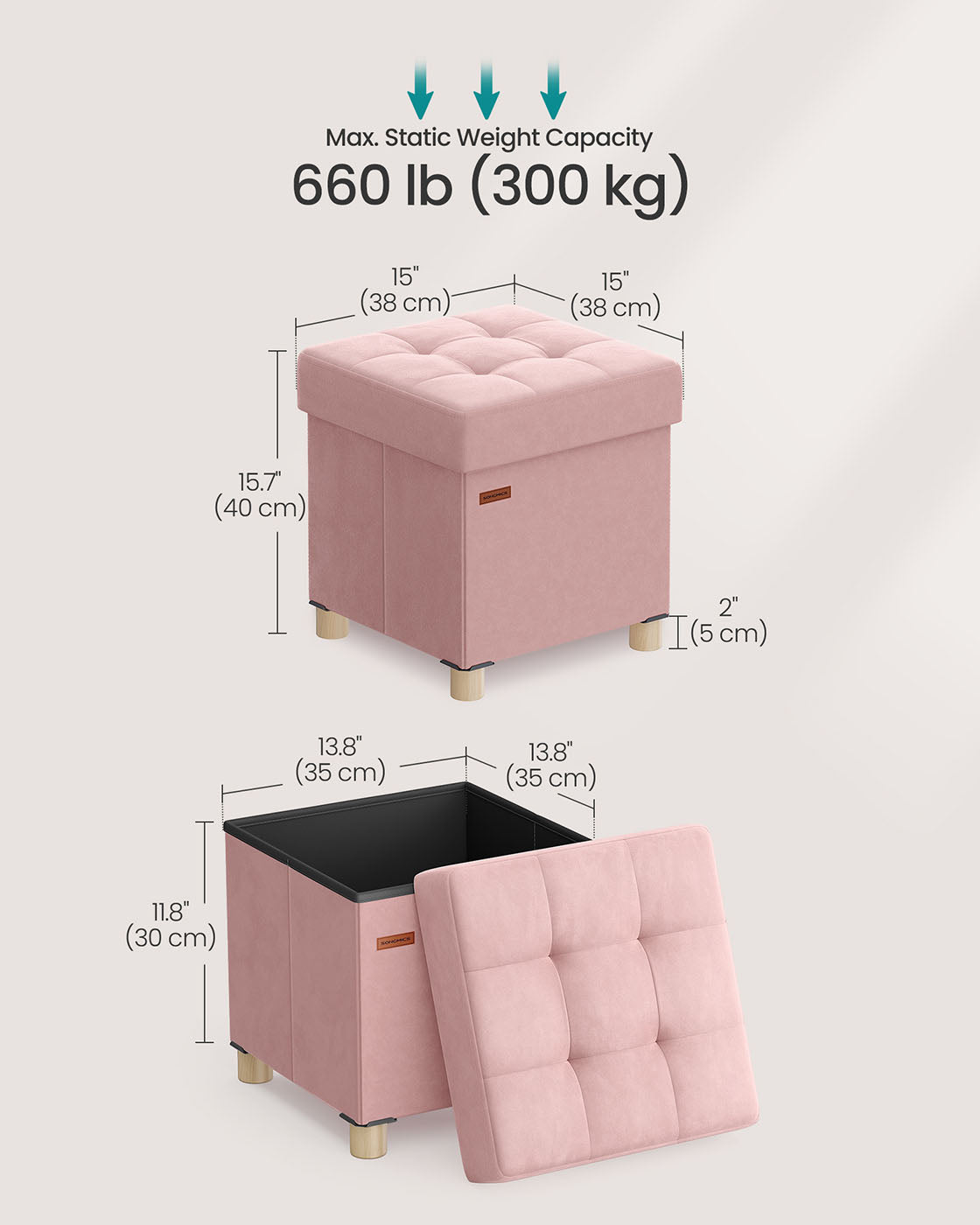 Storage Ottoman - Folding with Lid, 37 L - Velvet - Jelly Pink