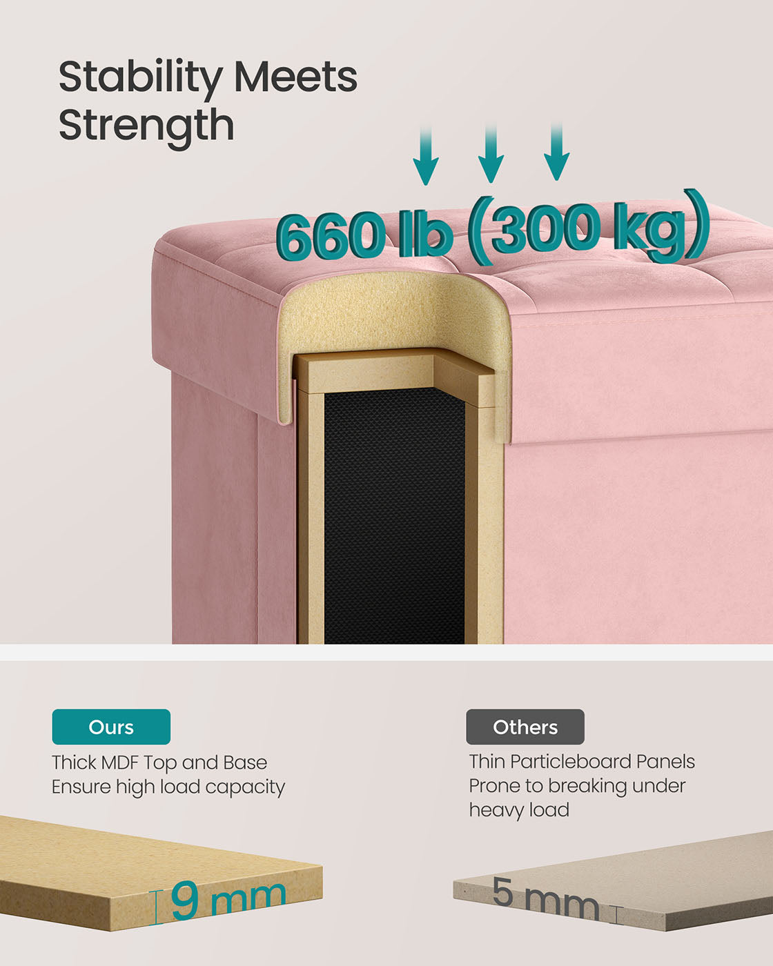 Storage Ottoman - Folding with Lid, 37 L - Velvet - Jelly Pink