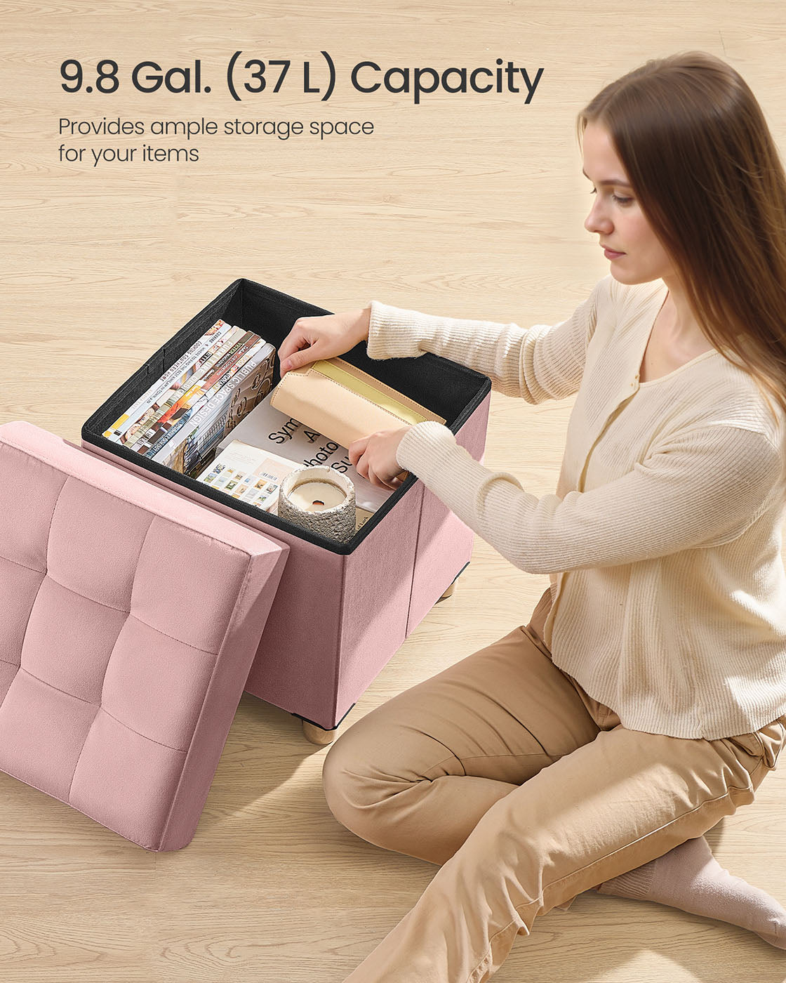 Storage Ottoman - Folding with Lid, 37 L - Velvet - Jelly Pink