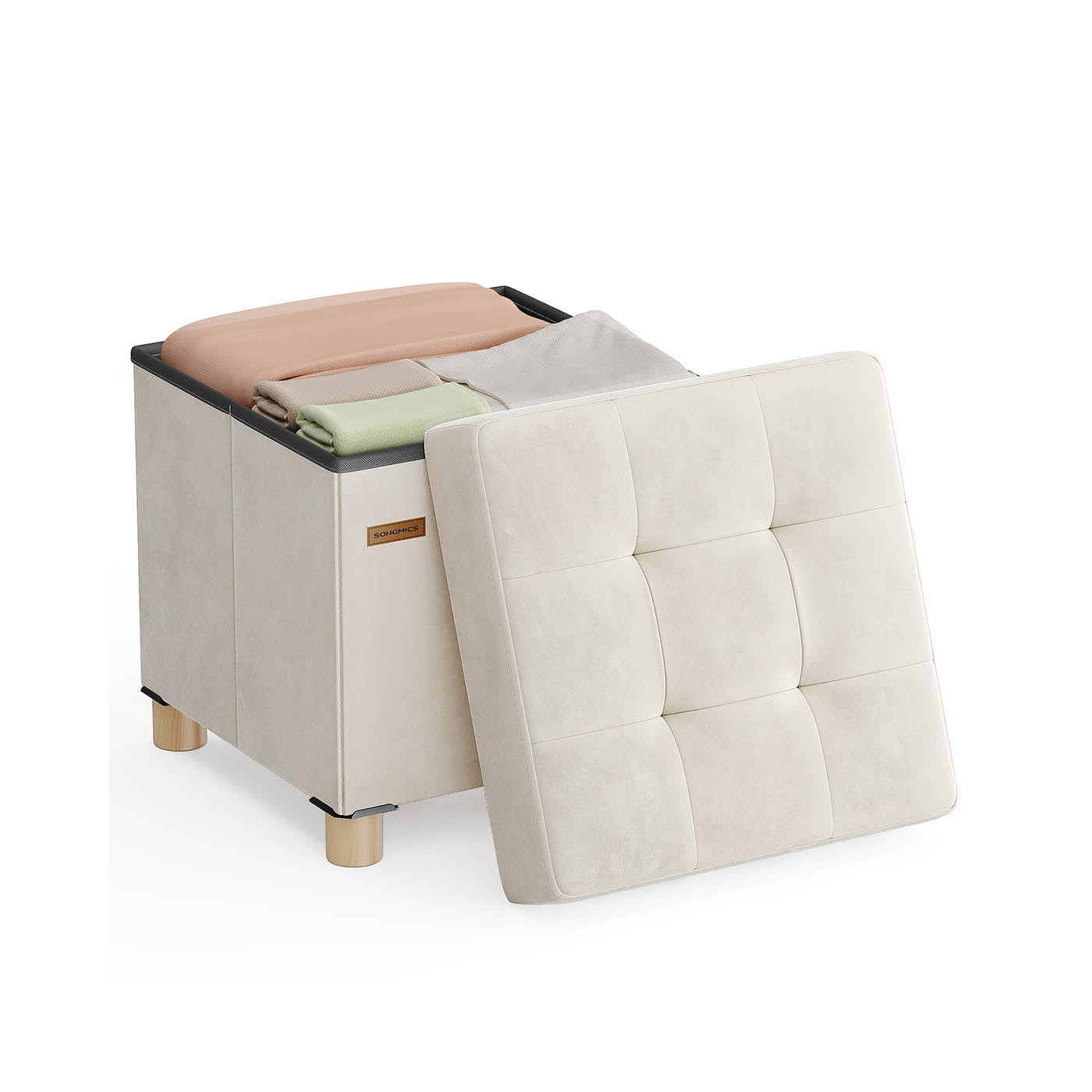 Storage Ottoman - Folding with Lid, 37 L - Velvet - Cappuccino Beige