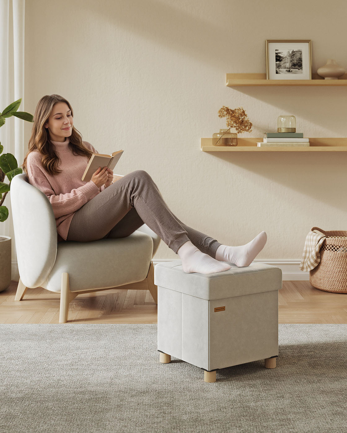 Storage Ottoman - Folding with Lid, 37 L - Velvet - Cappuccino Beige