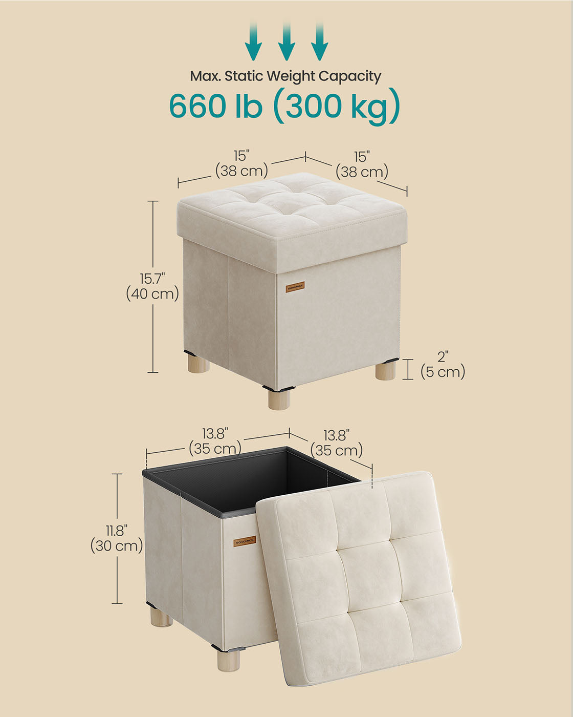 Storage Ottoman - Folding with Lid, 37 L - Velvet - Cappuccino Beige