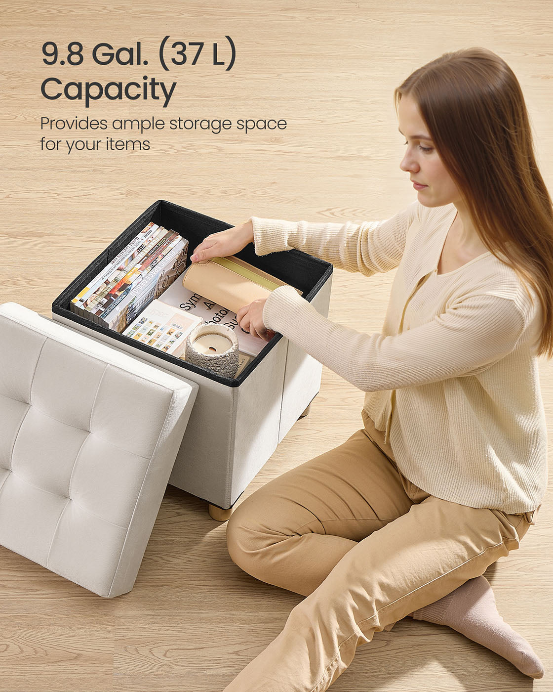 Storage Ottoman - Folding with Lid, 37 L - Velvet - Cappuccino Beige