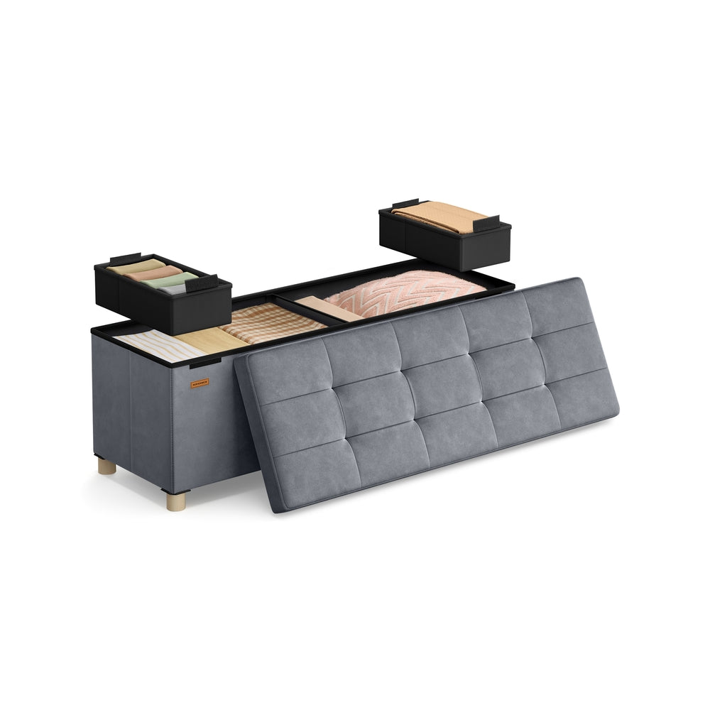 Storage Ottoman - Velvet - Slate Grey - Folding Design with Lid and 112 L Capacity
