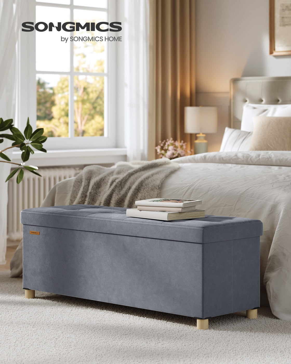 Storage Ottoman - Velvet - Slate Grey - Folding Design with Lid and 112 L Capacity