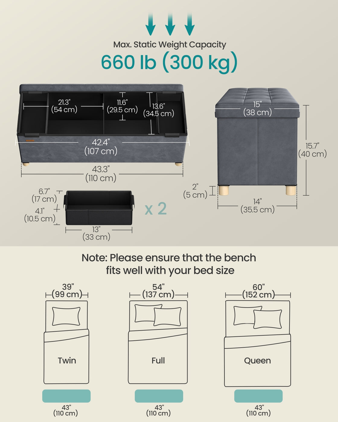 Storage Ottoman - Velvet - Slate Grey - Folding Design with Lid and 112 L Capacity