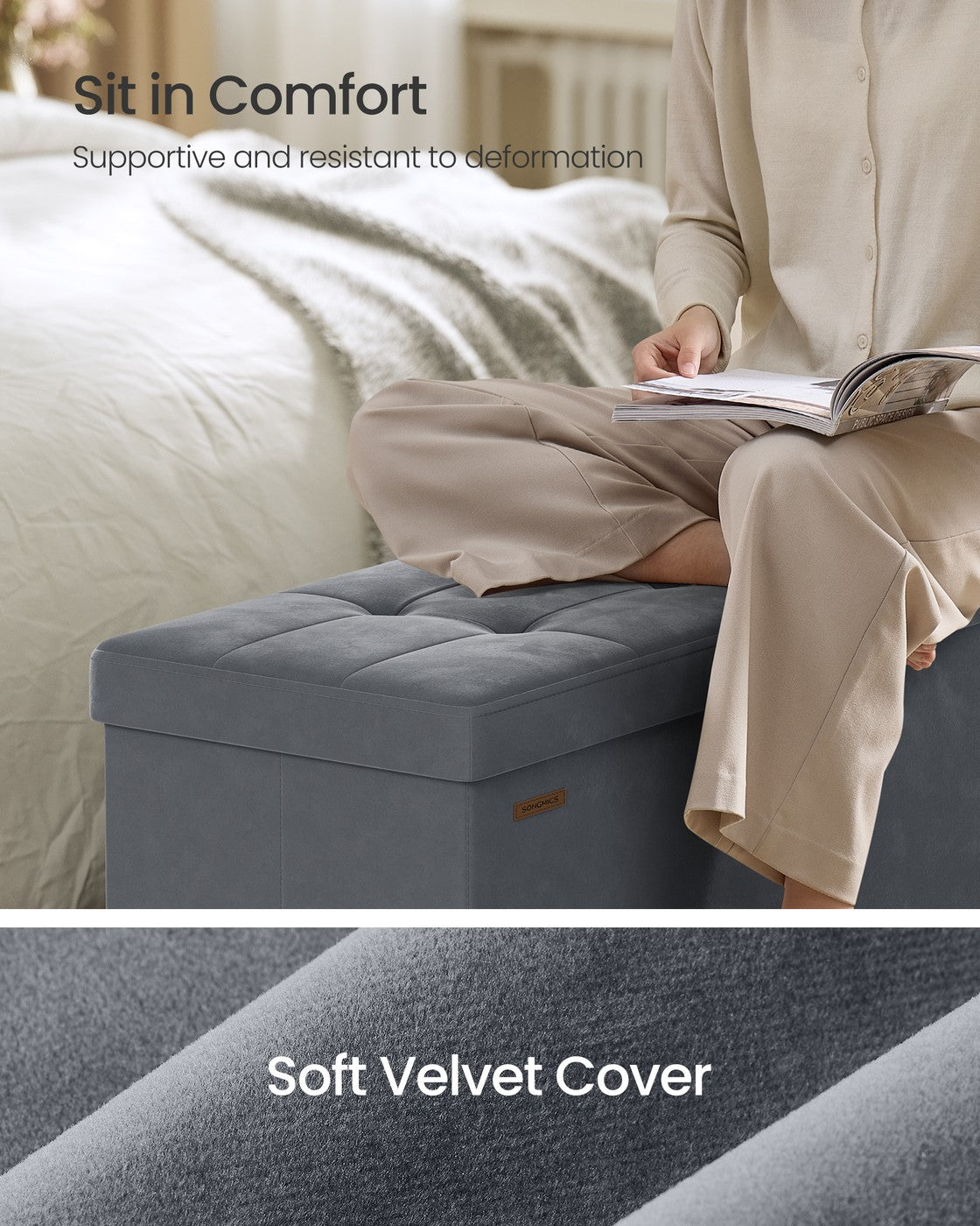 Storage Ottoman - Velvet - Slate Grey - Folding Design with Lid and 112 L Capacity