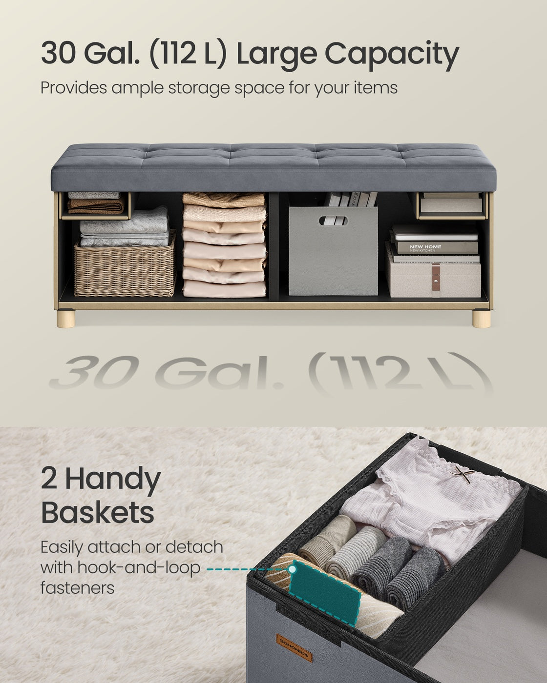 Storage Ottoman - Velvet - Slate Grey - Folding Design with Lid and 112 L Capacity