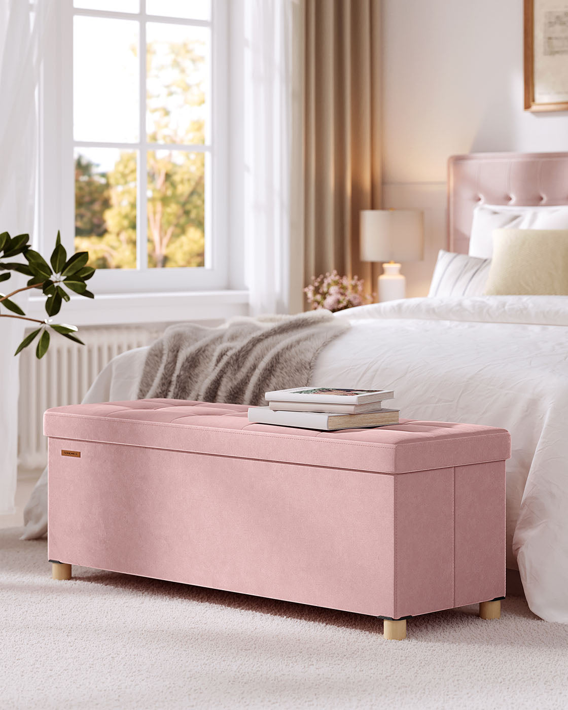 Storage Ottoman - Velvet - Jelly Pink - Folding Design with Lid