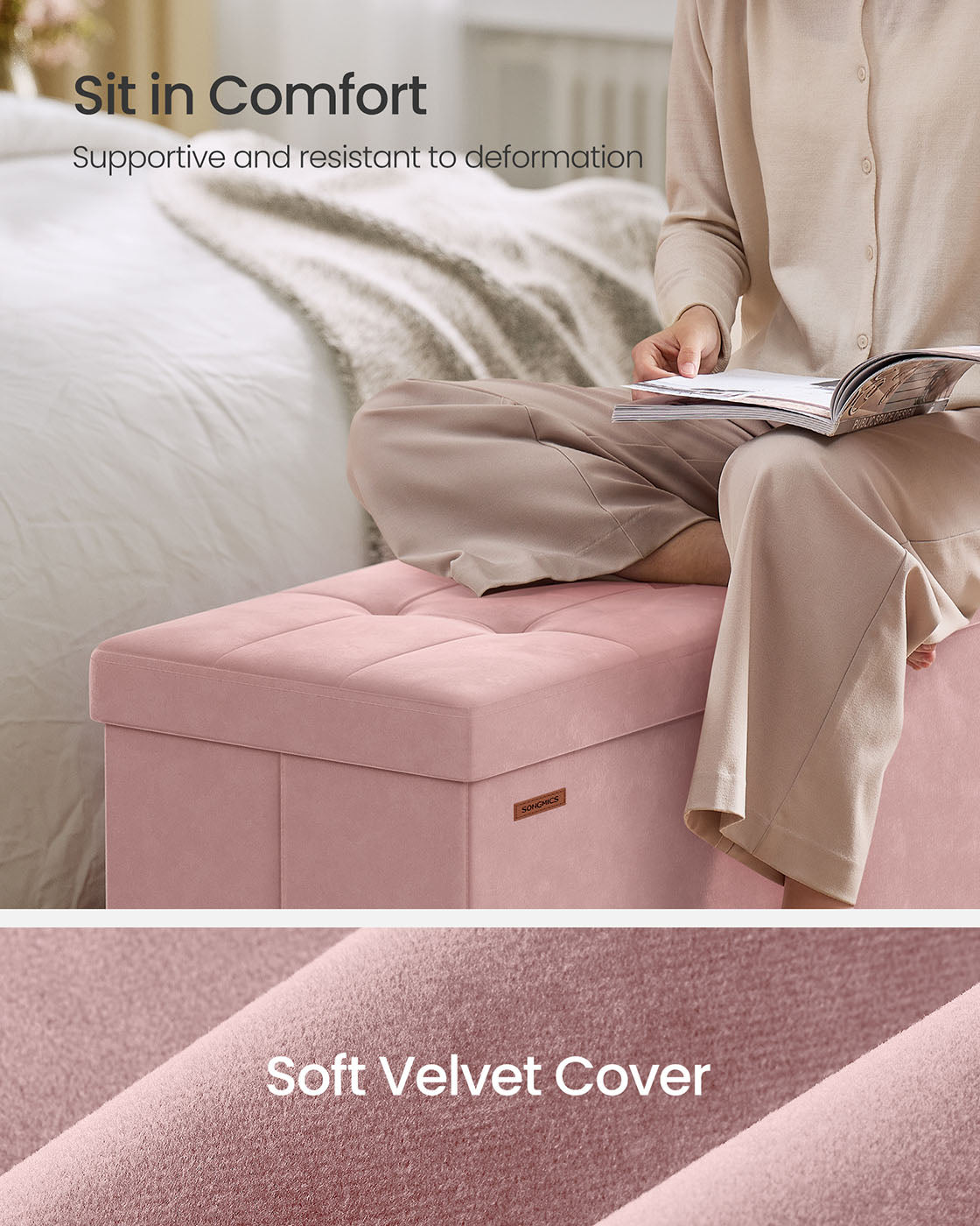 Storage Ottoman - Velvet - Jelly Pink - Folding Design with Lid