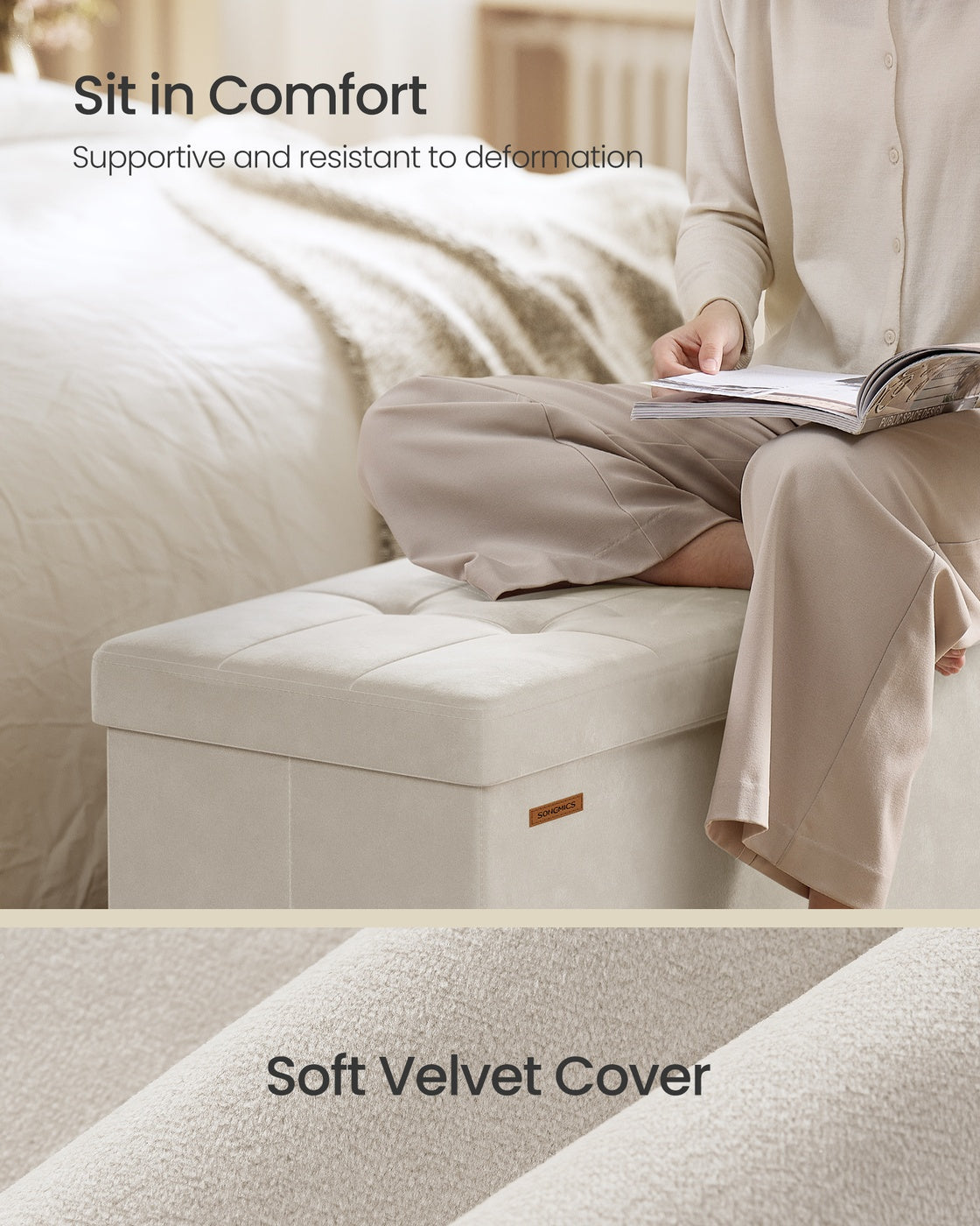 Foldable Storage Ottoman - Velvet - Cappuccino Beige - 112 L Capacity with Lid