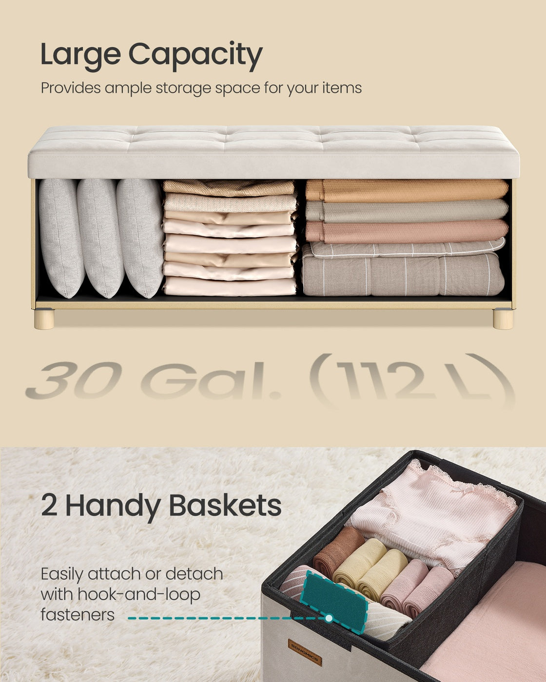 Storage Ottoman - Velvet - Cappuccino Beige - Folding Design with Lid