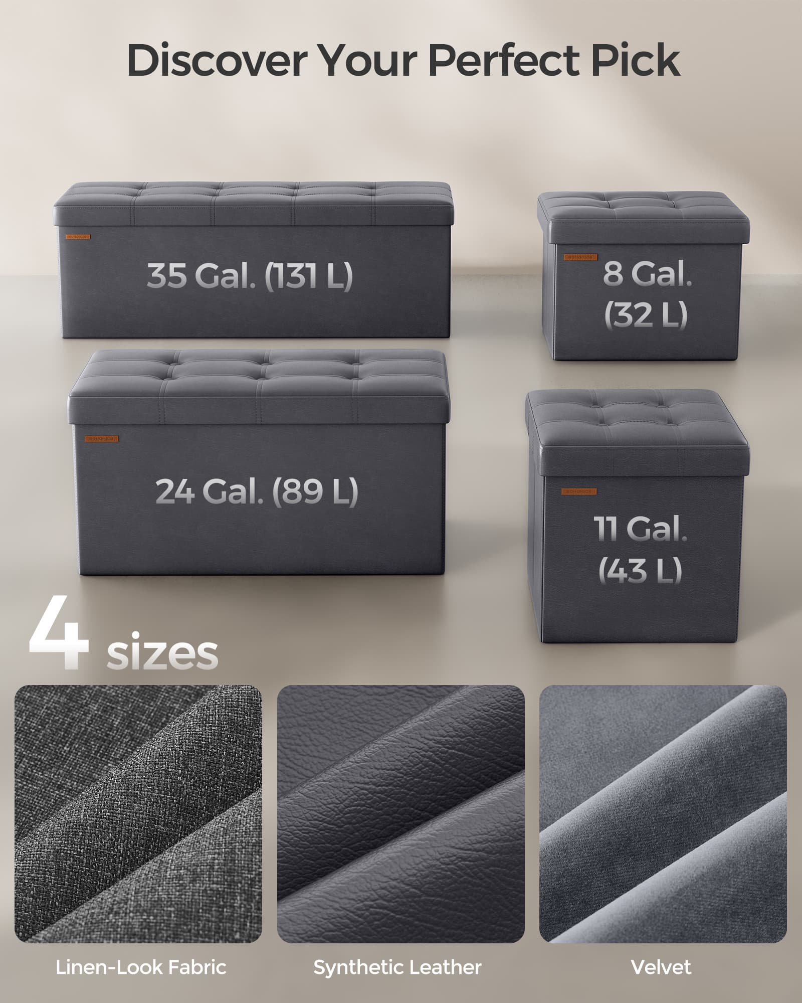 Storage Ottoman - Fabric - Dark Grey - Foldable with Storage