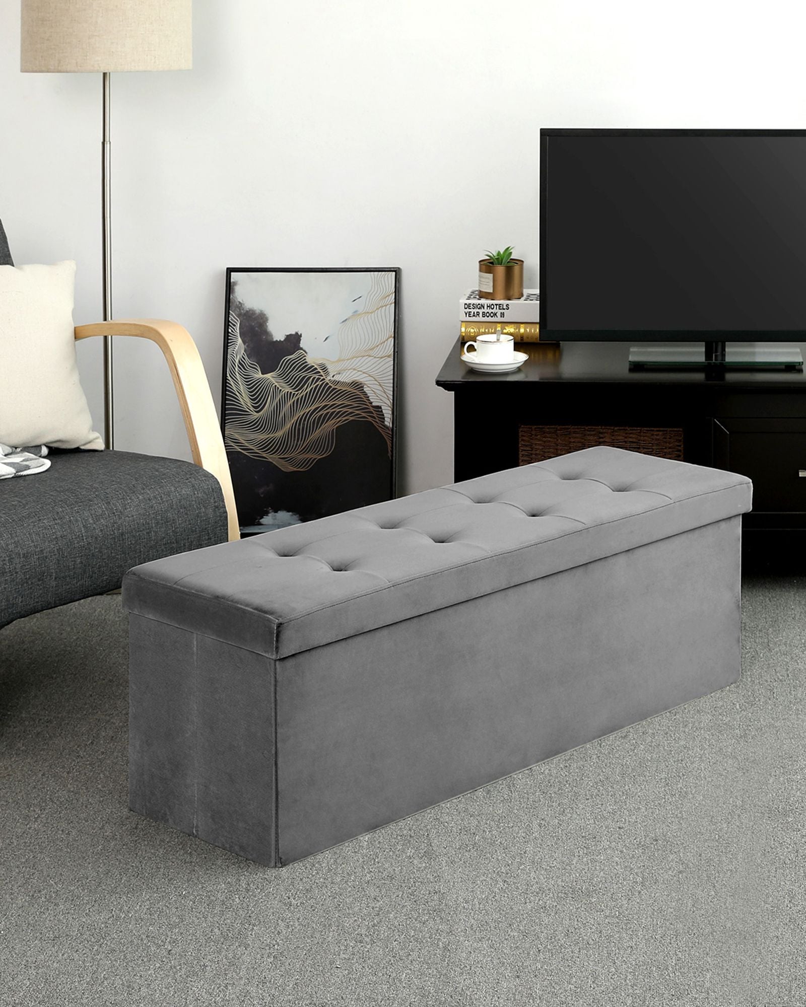 Folding Storage Ottoman - Grey - Velveteen