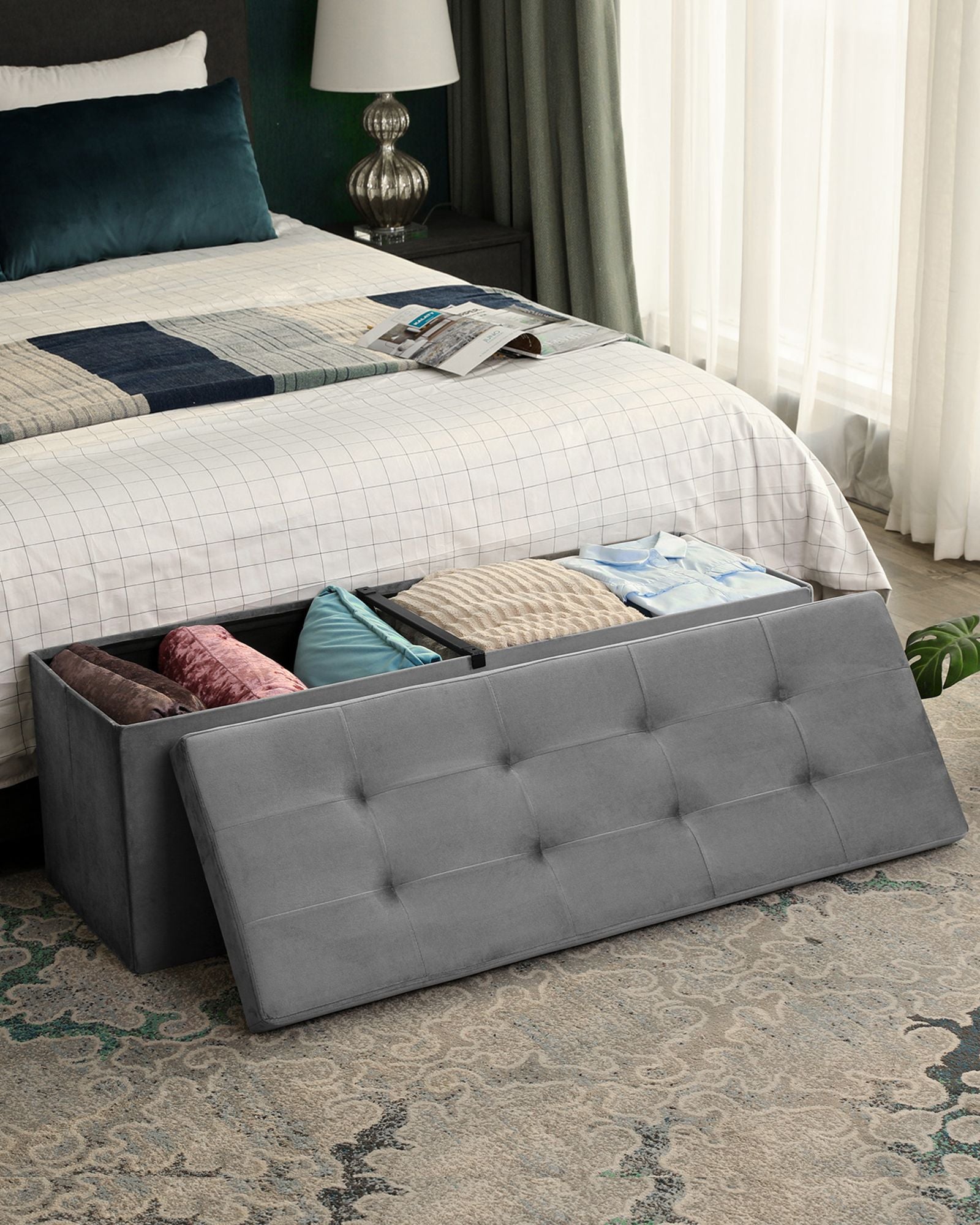 Folding Storage Ottoman - Grey - Velveteen