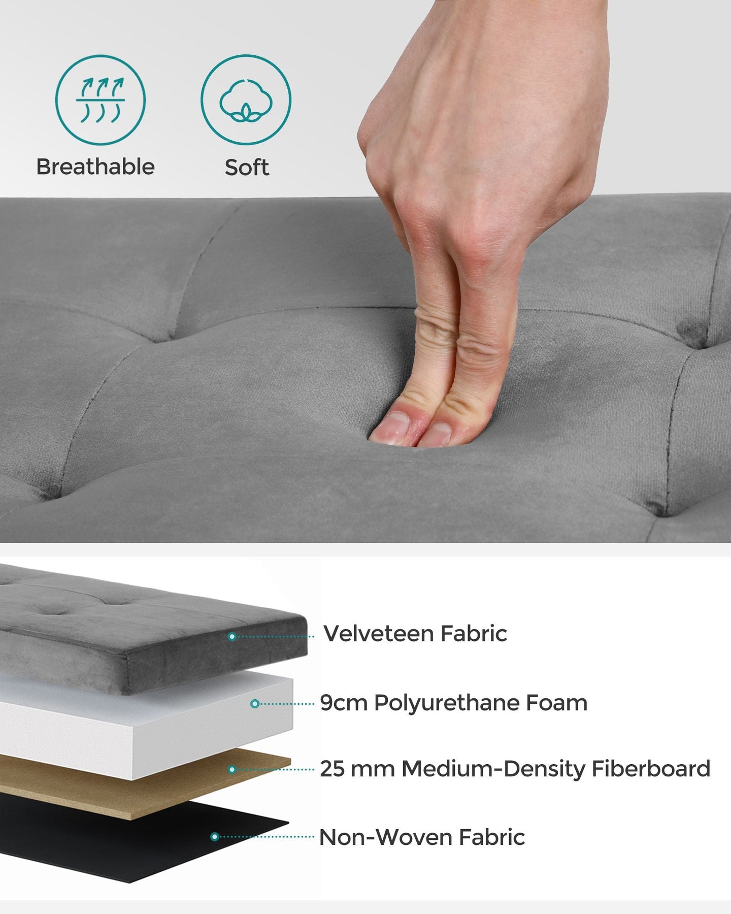 Folding Storage Ottoman - Grey - Velveteen