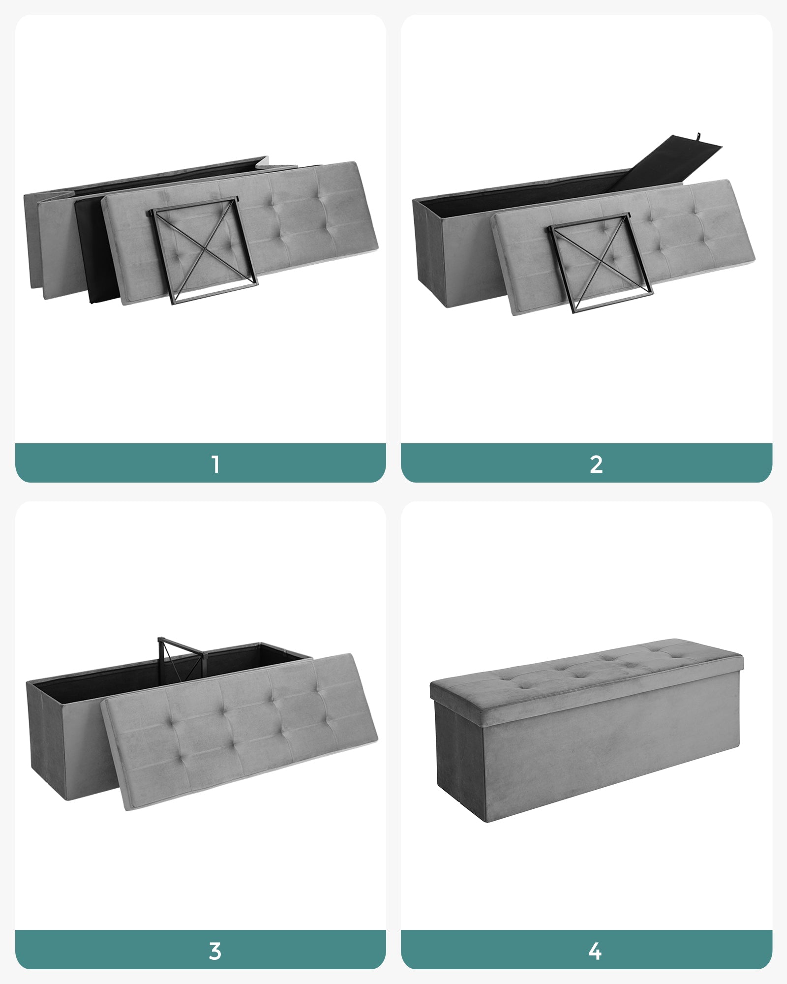 Folding Storage Ottoman - Grey - Velveteen