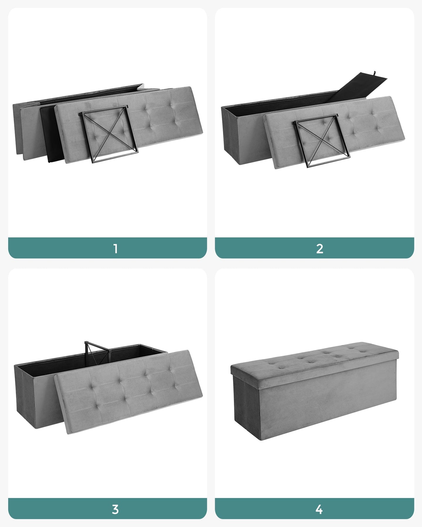 Folding Storage Ottoman - Grey - Velveteen