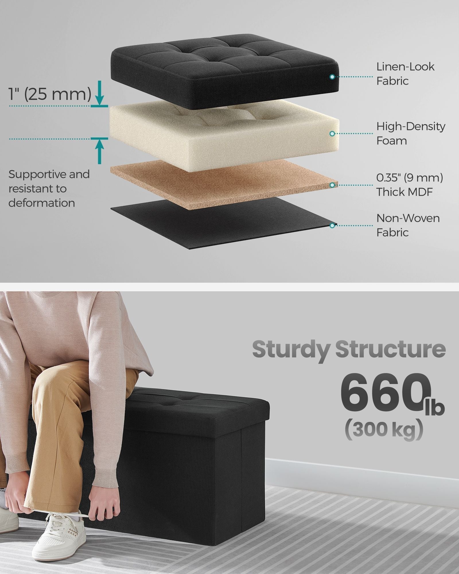 Foldable Storage Bench - Ink Black - Padded