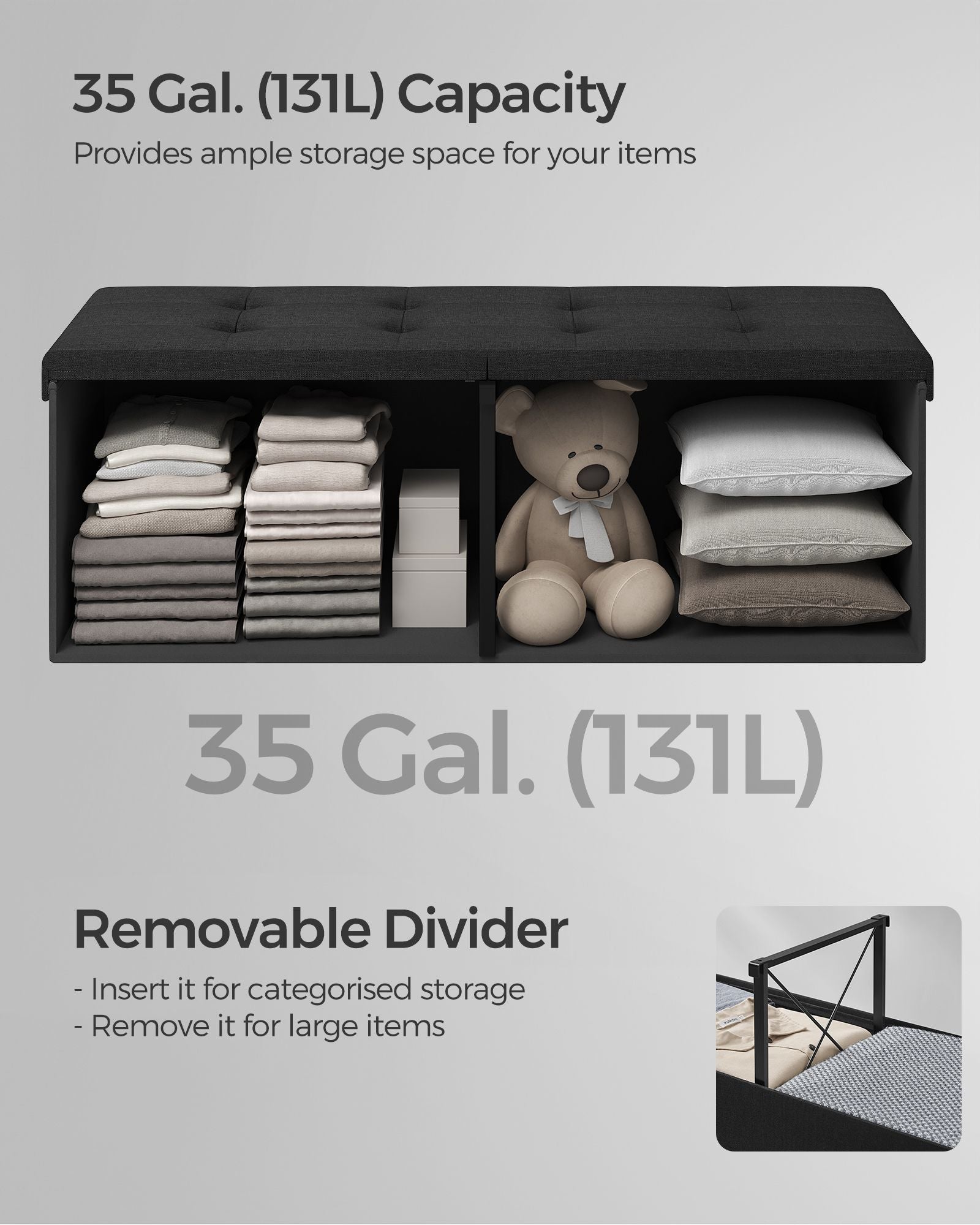 Foldable Storage Bench - Ink Black - Padded