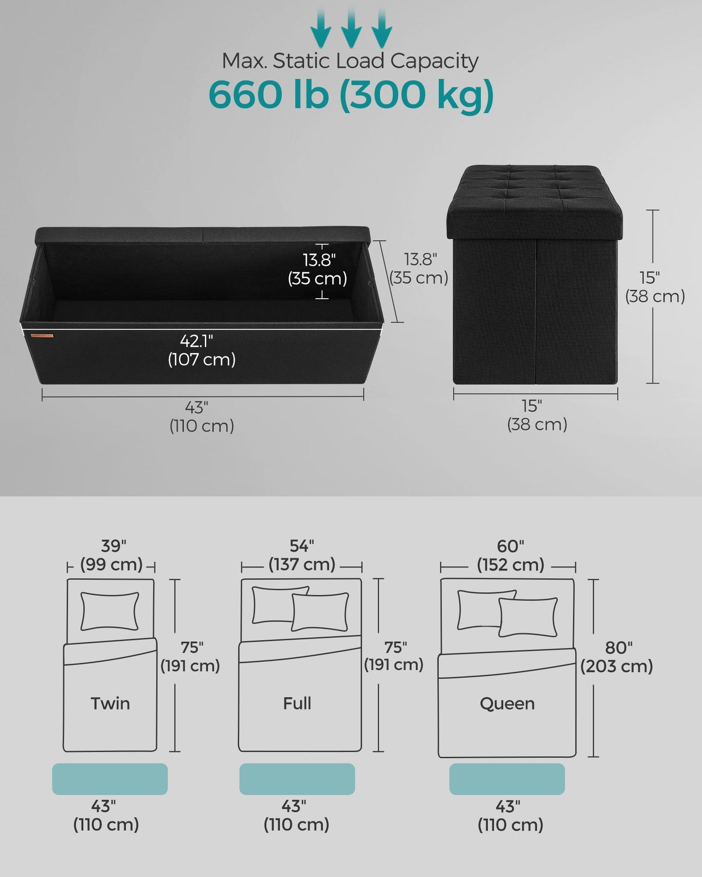 Foldable Storage Bench - Ink Black - Padded