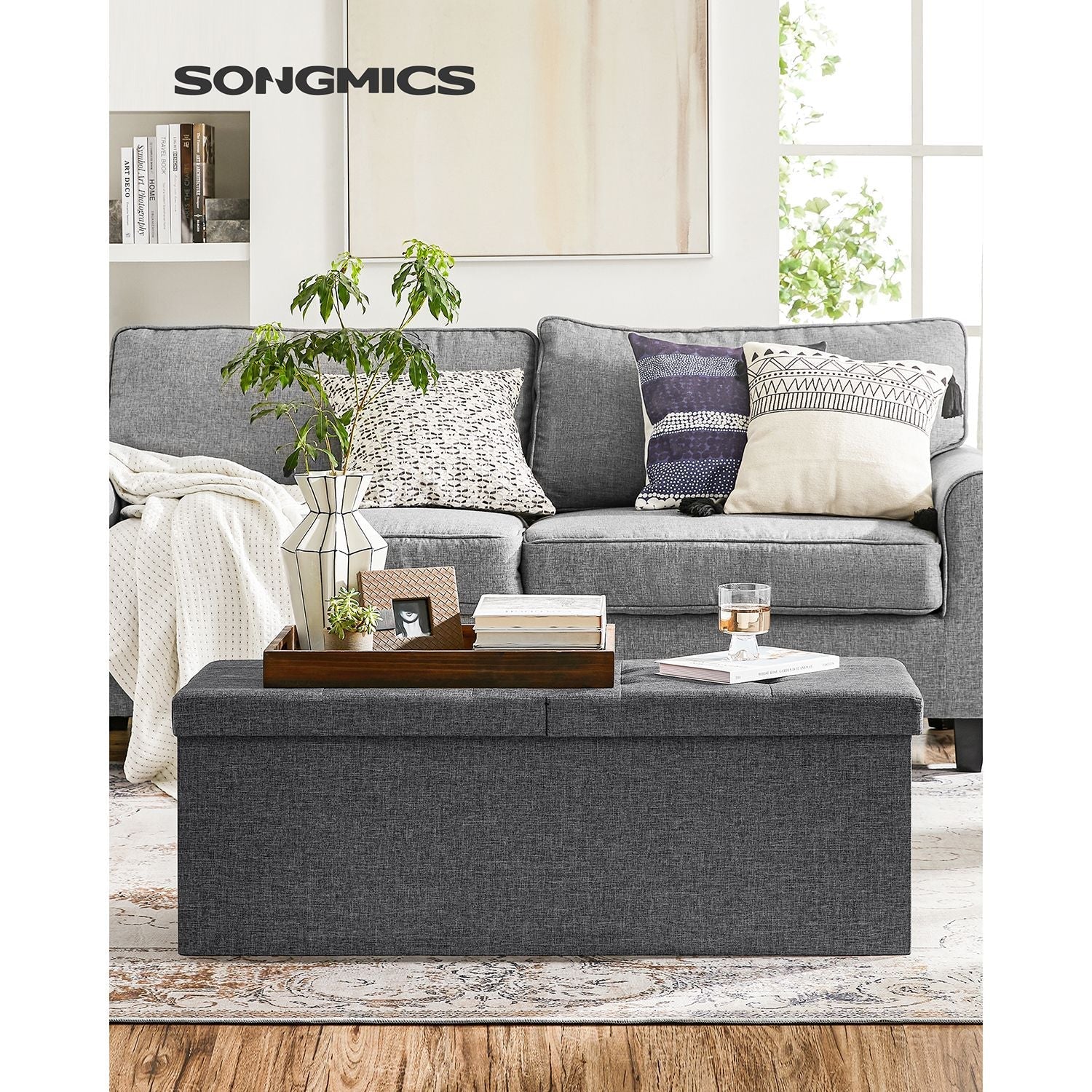 Storage Ottoman - Fabric - Dark Grey - 120L Capacity with Flip-Up Lid