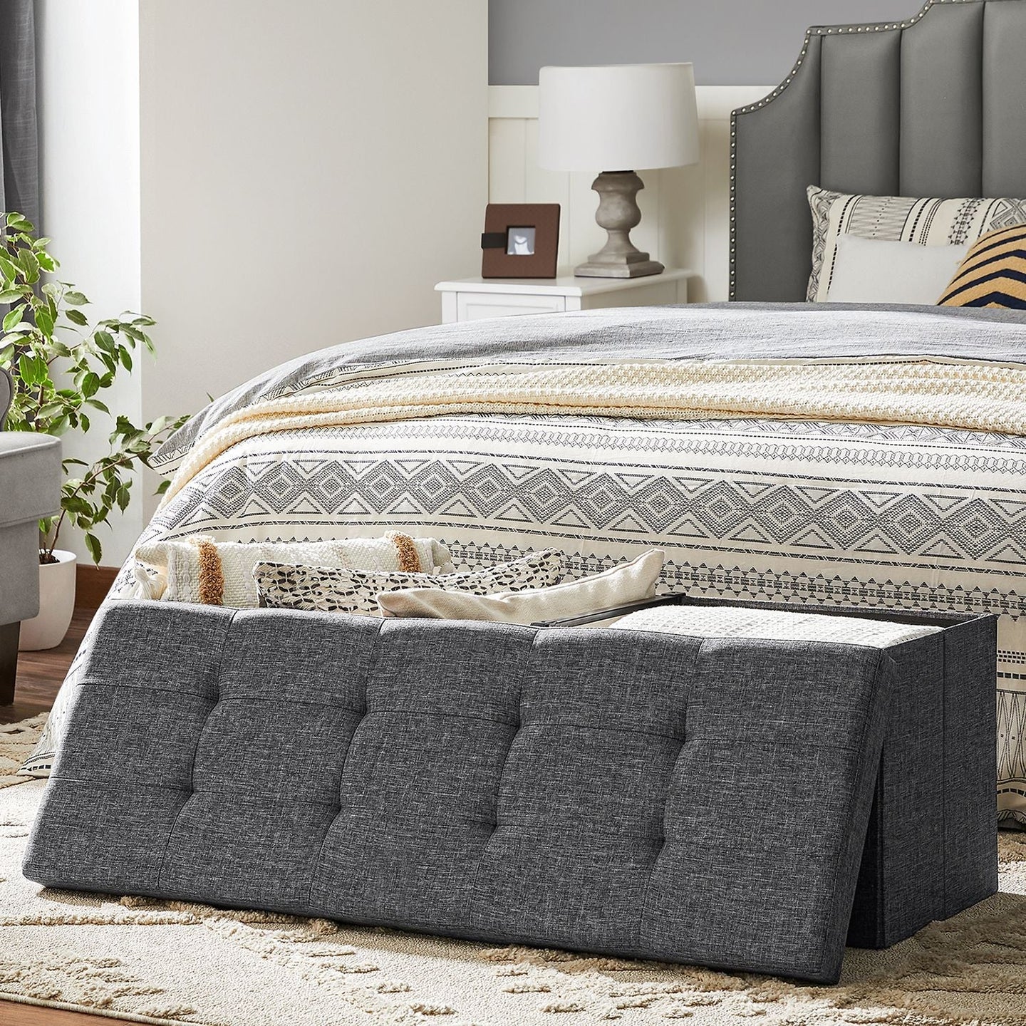 Storage Ottoman - Fabric - Dark Grey - 120L Capacity with Flip-Up Lid