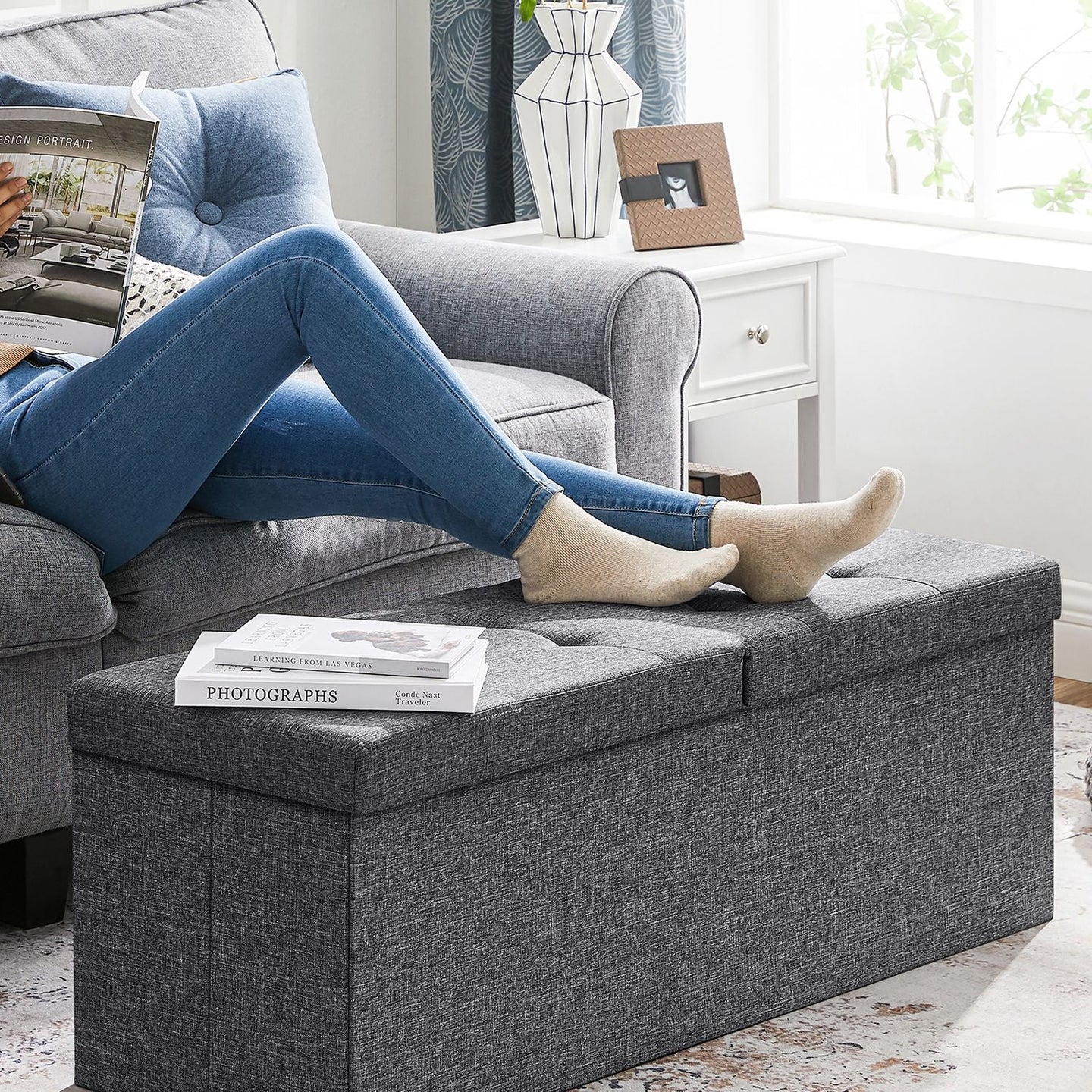 Storage Ottoman - Fabric - Dark Grey - 120L Capacity with Flip-Up Lid