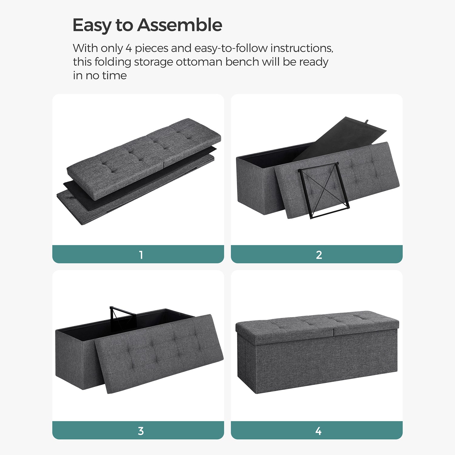 Storage Ottoman - Fabric - Dark Grey - 120L Capacity with Flip-Up Lid