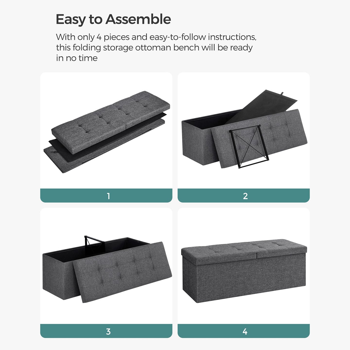 Storage Ottoman - Fabric - Dark Grey - 120L Capacity with Flip-Up Lid