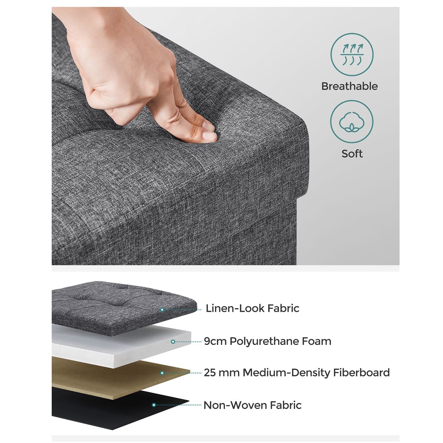 Storage Ottoman - Fabric - Dark Grey - 120L Capacity with Flip-Up Lid