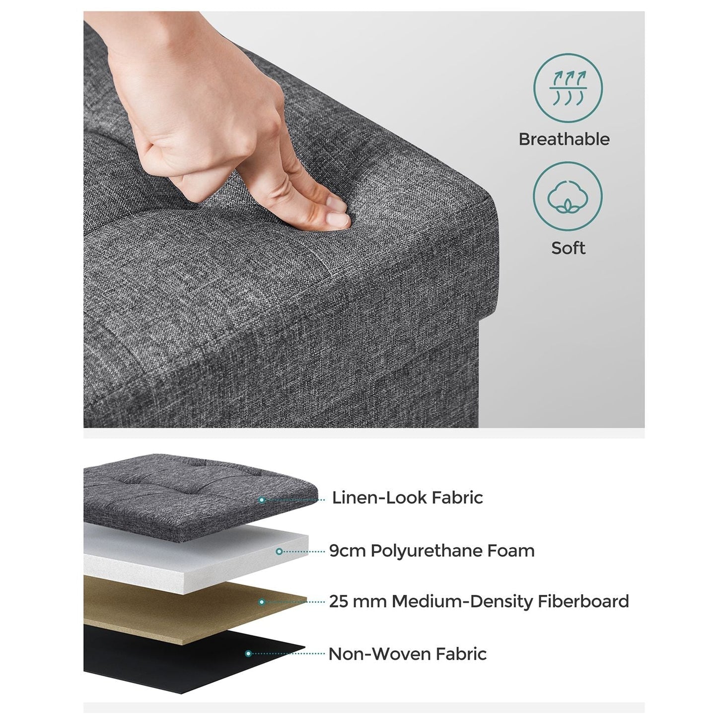 Storage Ottoman - Fabric - Dark Grey - 120L Capacity with Flip-Up Lid