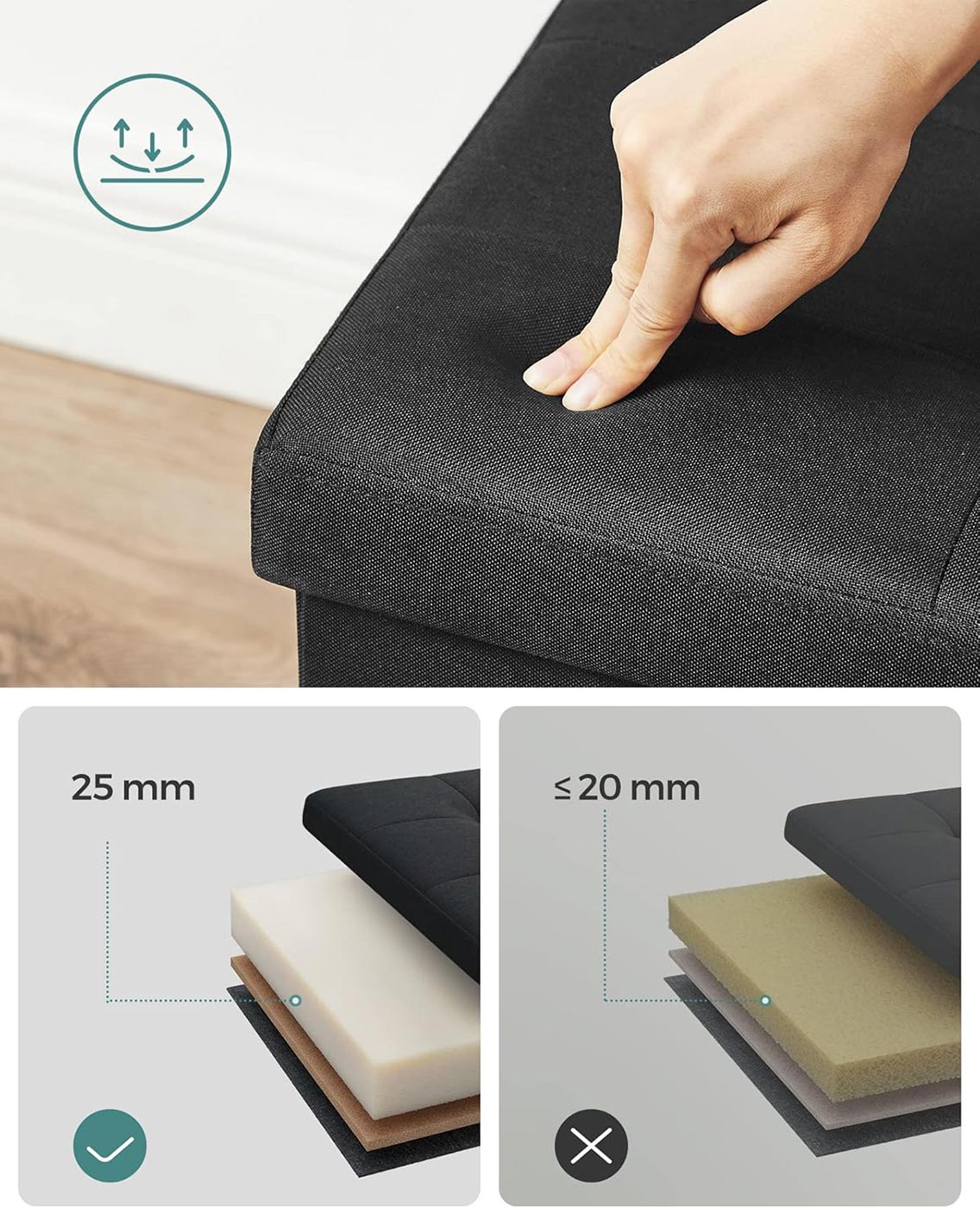 Storage Ottoman - Fabric - Light Black - Padded