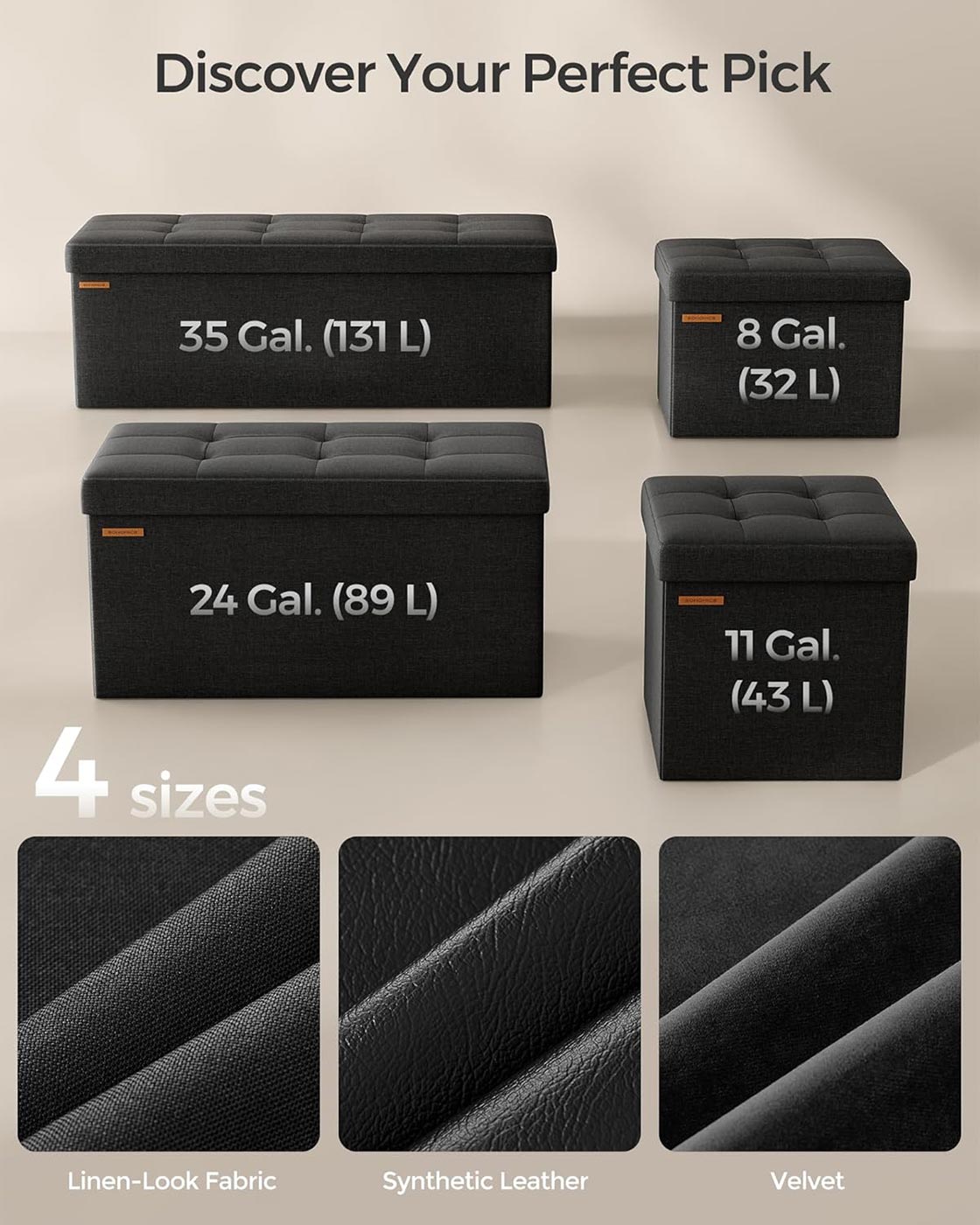Storage Ottoman - Fabric - Light Black - Padded