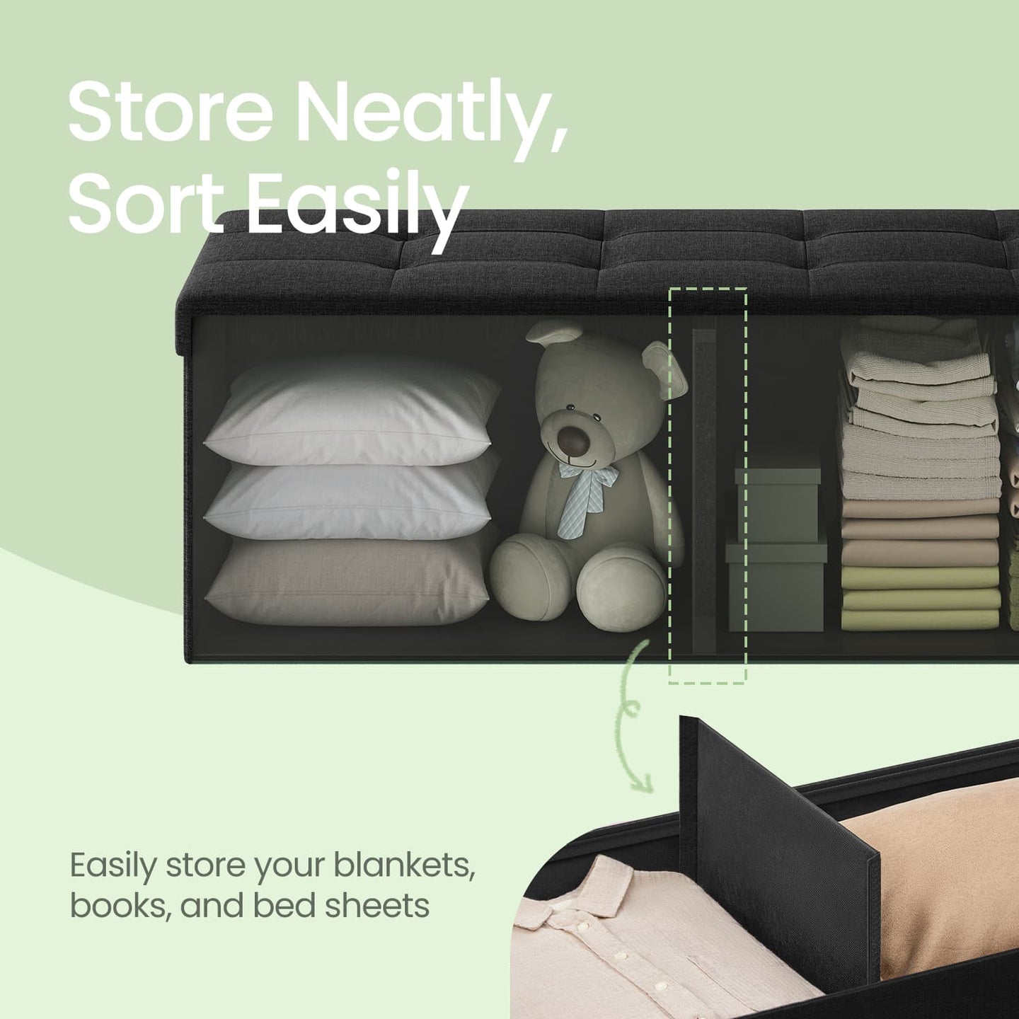 Storage Ottoman Bench - Fabric - Light Black - Padded Foldable with 120L Capacity
