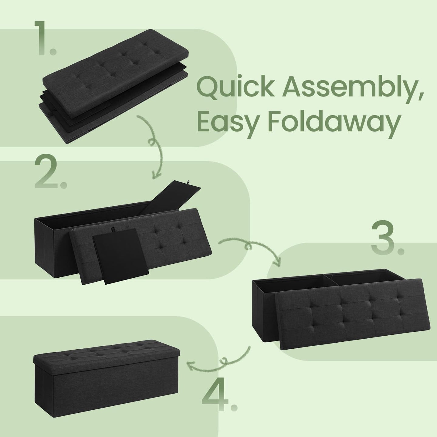 Storage Ottoman Bench - Fabric - Light Black - Padded Foldable with 120L Capacity
