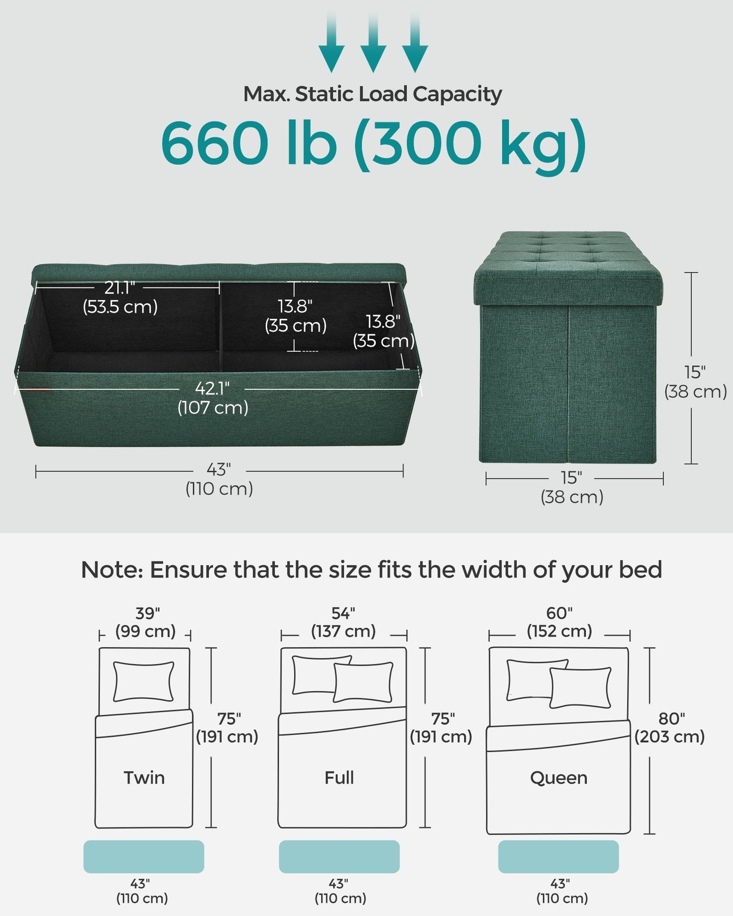 Foldable Storage Ottoman - Padded, 120L Capacity - Fabric - Retro Green