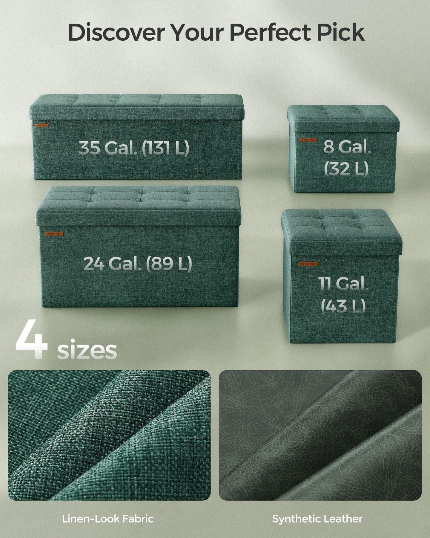 Foldable Storage Ottoman - Padded, 120L Capacity - Fabric - Retro Green
