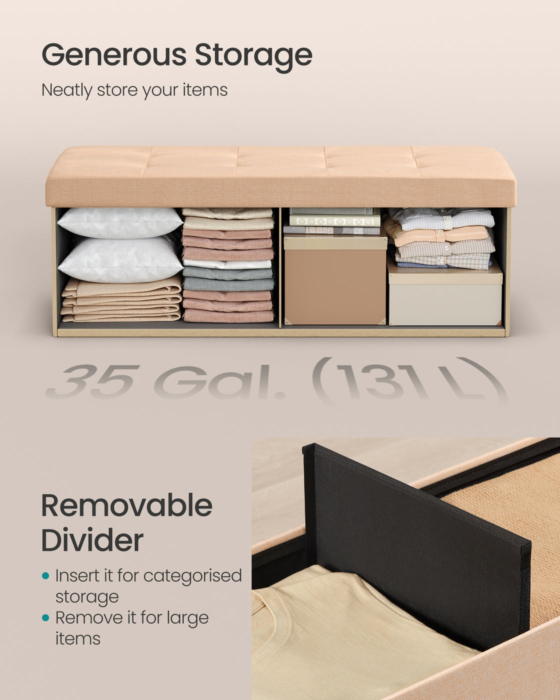 Storage Ottoman Bench - Fabric - Ink Black - Foldable with Storage and Foot Rest
