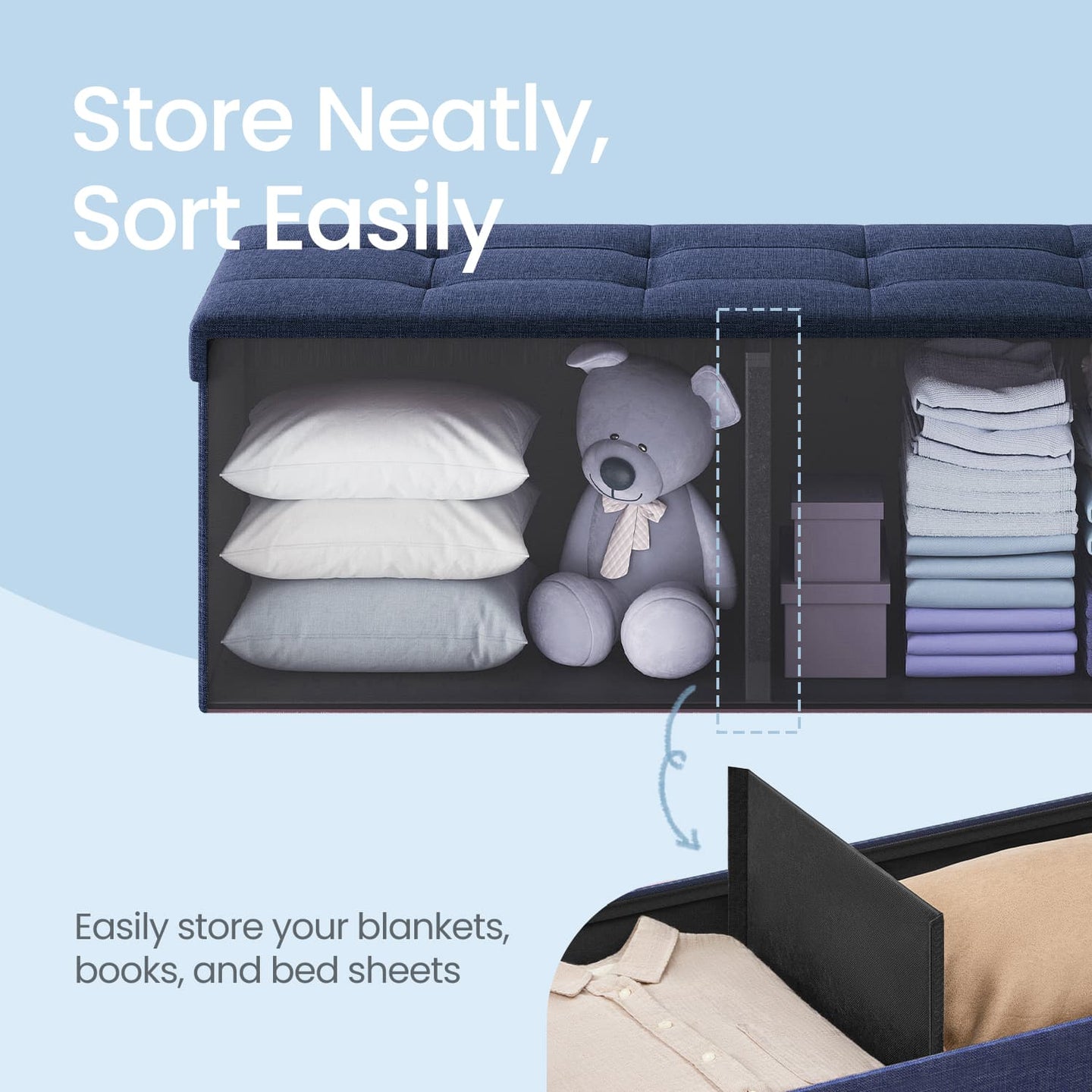 Storage Ottoman Bench - Fabric - Ink Black - Foldable with Storage