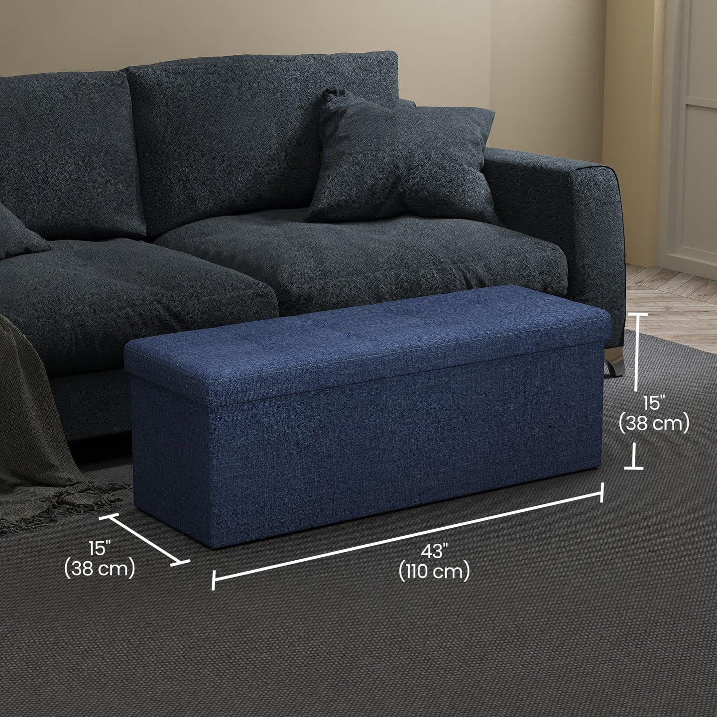 Storage Ottoman Bench - Fabric - Ink Black - Foldable with Storage